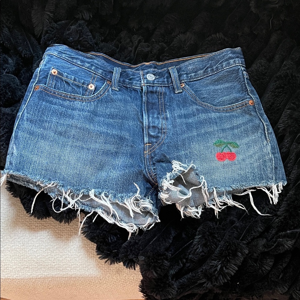 Levi's Blue Distressed Jean Shorts with Cherry Embroidery size 26 (2)